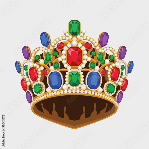 Ornate gold crown adorned with colorful gemstones and pearls, elegant design