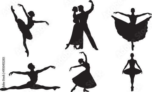 Elegant ballet and ballroom dance silhouette collection vector illustration, graceful dancers isolated on white background for design
