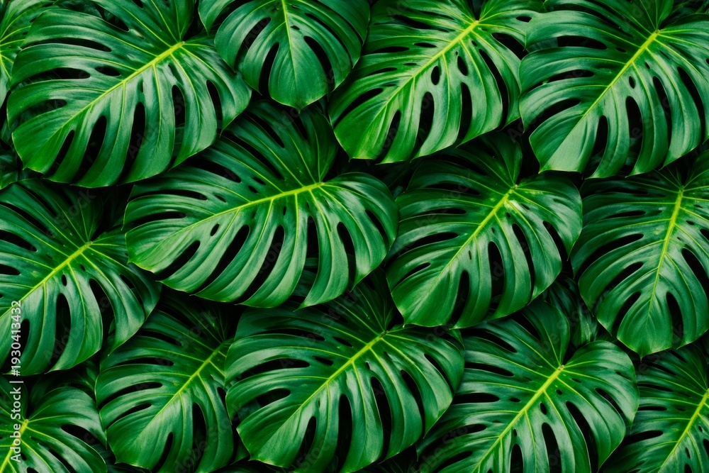 Obraz premium Monstera Deliciosa Leaves Flat Lay Texture Background. Macro flat lay of large monstera deliciosa leaves in vivid saturated deep emerald and bright jungle green tones.