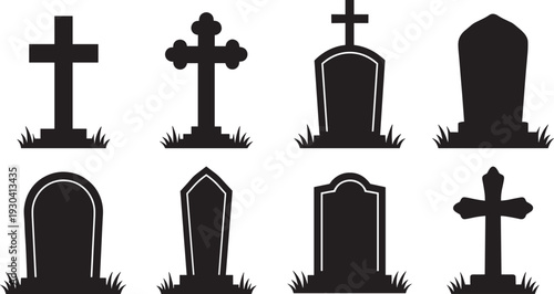 Gravestone and cross cemetery silhouettes vector set, tombstone memorial graveyard icons isolated black illustration