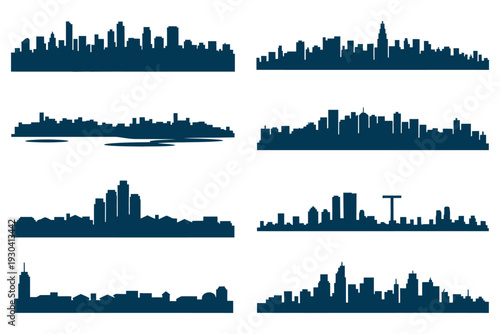 Collection of city skyline silhouettes with diverse urban architectural styles high rise buildings skyscrapers and downtown panorama views