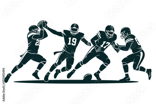 American football players in action silhouette performing pass catch and tackle maneuvers on the field during competitive professional match