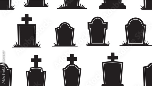 Halloween graveyard tombstone silhouette collection vector illustration, spooky cemetery headstones isolated on white background for design