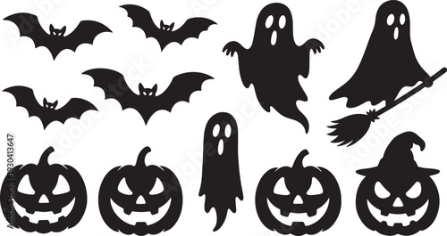 Halloween silhouette set with bats ghosts pumpkins witch hat and broom spooky collection