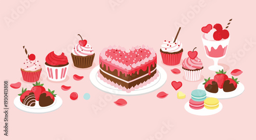Sweet treats and desserts illustrated against a pink background