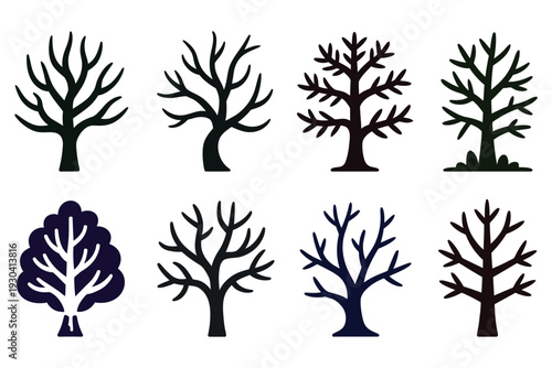 Eight tree icons silhouettes in different shapes and styles showing seasonal variation or tree types