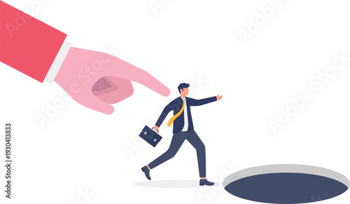 Giant Hand Warning Businessman Before Falling Into Deep Hole