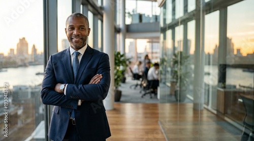 Business Leader in Modern Office: A confident and successful businessman, dressed in a sharp suit, stands proudly in a contemporary office setting.
