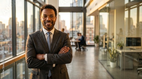 Wallpaper Mural Confident Executive: A distinguished executive, exuding confidence, poses in a modern office, the cityscape visible through expansive windows, embodying professional success and urban dynamism. Torontodigital.ca