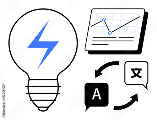 Light bulb with lightning represents creativity, chart shows data analytics, multilingual communication icons indicate language translation. Ideal for innovation, business growth, teamwork, global