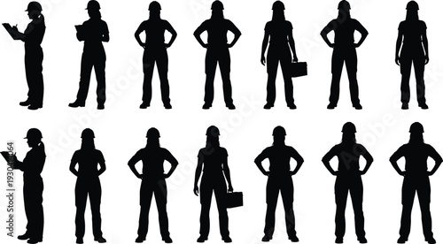 Female construction worker silhouettes wearing safety helmets isolated on white background, professional woman builder poses with clipboard and toolbox collection