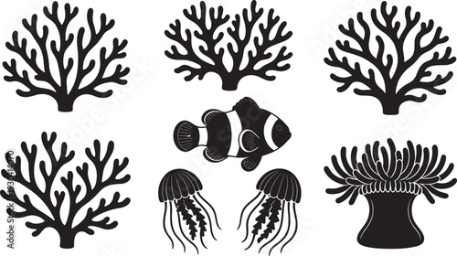 Marine coral reef silhouette collection, black ocean elements with clownfish jellyfish and sea anemone