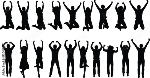 Group of jumping people silhouettes celebrating success and happiness isolated on white background, energetic men and women expressing freedom, victory and excitement