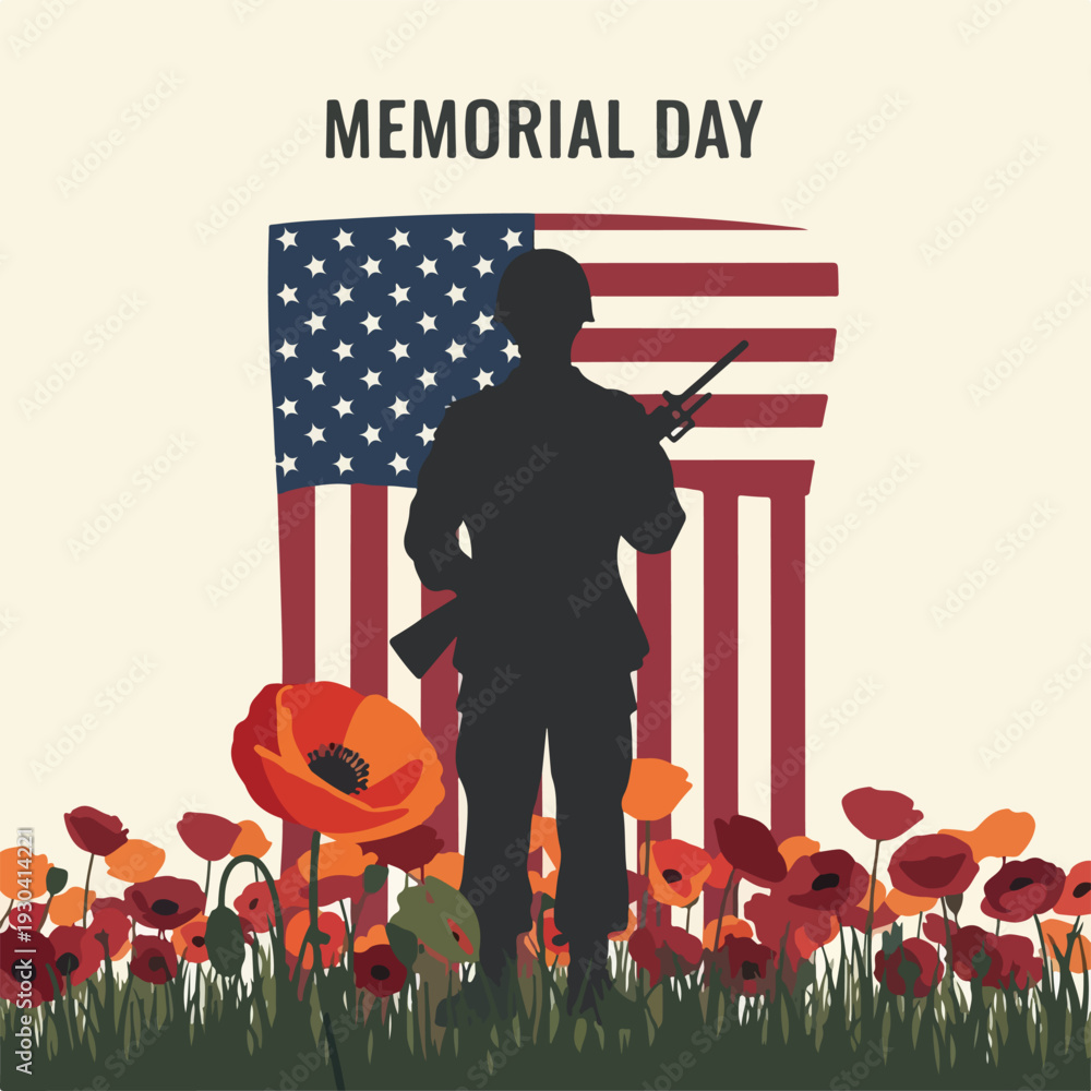 Fototapeta premium Silhouette of a soldier standing with the American flag and flowers
