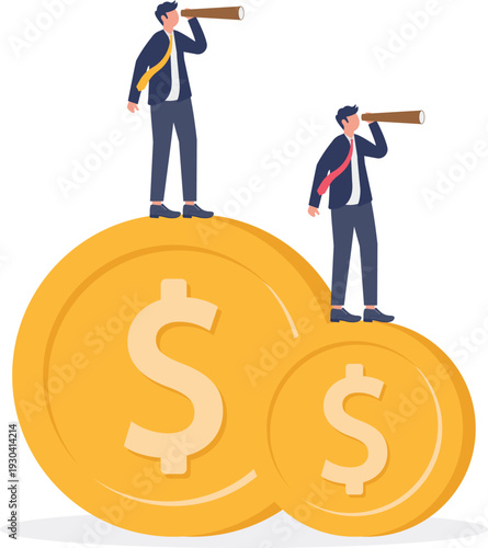 Businessmen Standing on Giant Gold Coins Looking Through Telescope