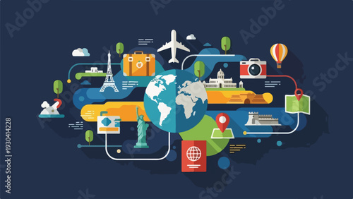 A colorful travel-themed illustration with iconic landmarks and travel elements