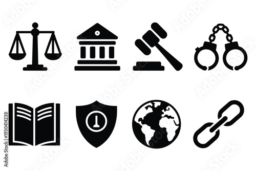 Legal and justice symbols scales courthouse gavel handcuffs open book shield earth and chain icons on transparent background