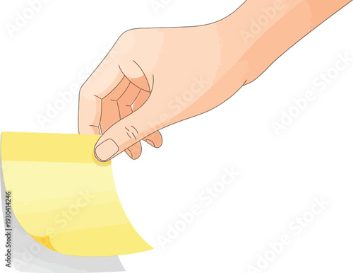 Human hand carefully peeling a bright yellow sticky note from a flat.