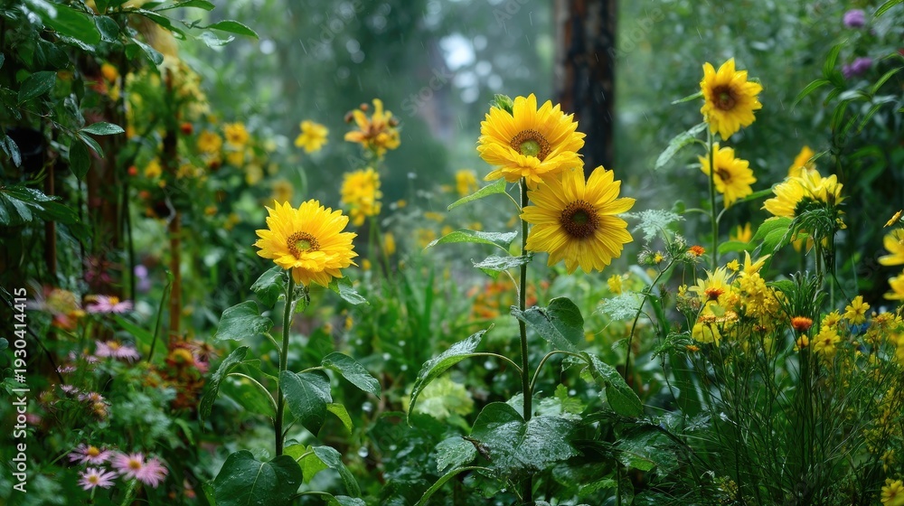 Obraz premium Vibrant Sunflowers in Lush Garden During Rainy Day, Capturing Nature's Beauty with Colorful Blooms and Refreshing Raindrops on Petals