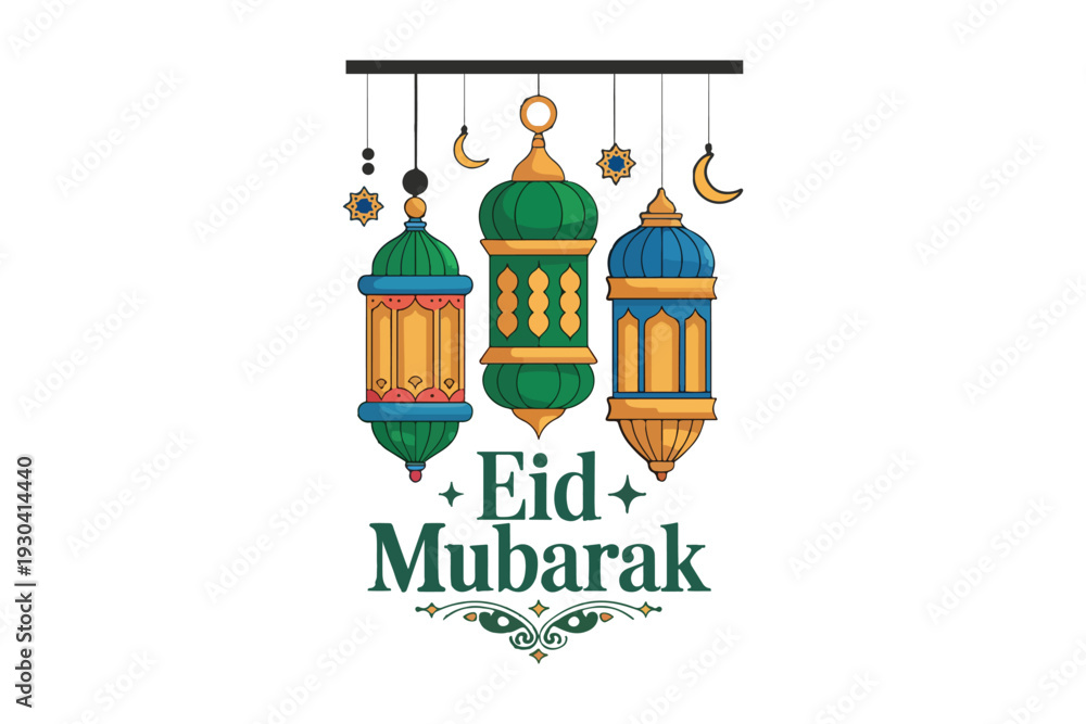 Naklejka premium Eid Mubarak Greeting with Traditional Islamic Lanterns and Crescent Moons
