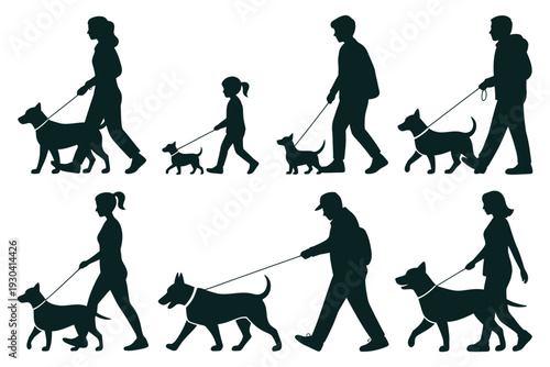 People walking dogs silhouettes set with men women and children leads pets on leash outdoors on transparent background for graphic design