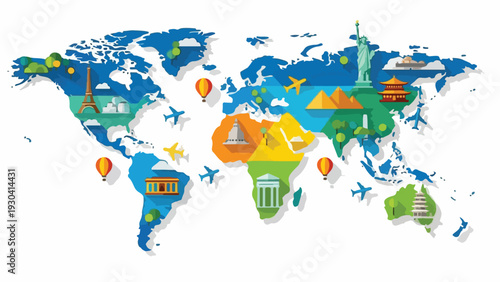 A colorful vector illustration of a world map with stylized landmarks