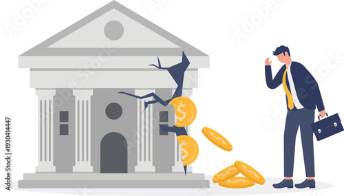 Broken Bank Building Leaking Money with Disappointed Businessman