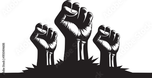 Raised fists protest revolution vector illustration, unity solidarity power movement resistance silhouette graphic design