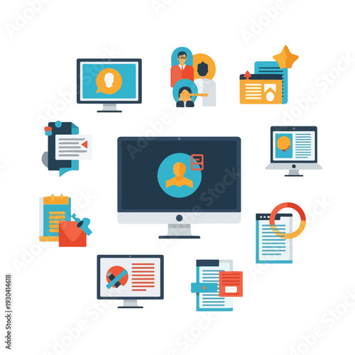 A colorful vector illustration of computers and related office icons