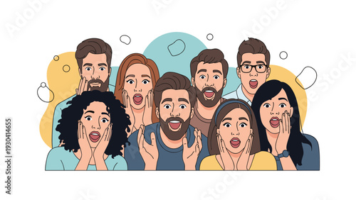 Diverse group of people shows extremely shocked and surprised facial expressions with wide eyes and open mouths.