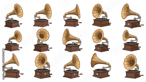 Collection of detailed illustrations shows a classic vintage gramophone from various perspectives and rotation angles.