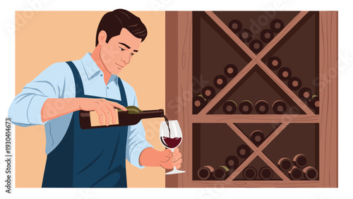 Professional sommelier in an apron is carefully pouring red wine from a bottle into a glass in a cellar or restaurant.