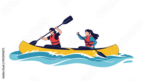 Two active people wearing life jackets are paddling a yellow canoe through the blue waves of a river or lake outdoors.