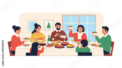 Happy diverse family members are gathered around a large dining table enjoying a delicious holiday meal together.