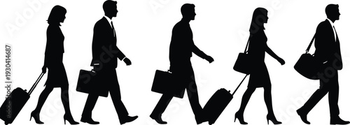 Silhouette business travelers, professional people walking, luggage carrying, corporate mobility, airport travel, business trip concept, teamwork journey, global connection, modern workforce