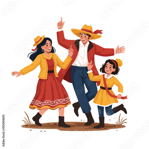 Three people in traditional attire dancing joyfully on a textured background