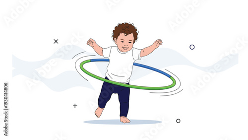 Happy young child with curly hair is practicing hula hooping in a playful and active manner on a white background.