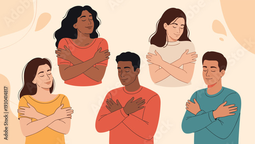 Diverse group of people is shown hugging themselves to represent self-care, mental health, and positive self-love.