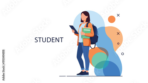 Female college student wearing a backpack and holding books stands ready for her classes against abstract shapes.