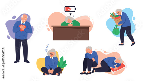 Elderly man and woman are experiencing various health symptoms like chest pain, fatigue, and sadness in their daily lives.