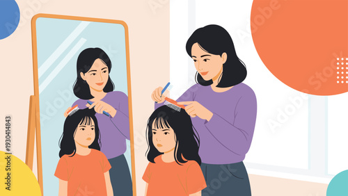 Caring mother is gently combing her young daughter's hair in front of a mirror in their bright bedroom at home.