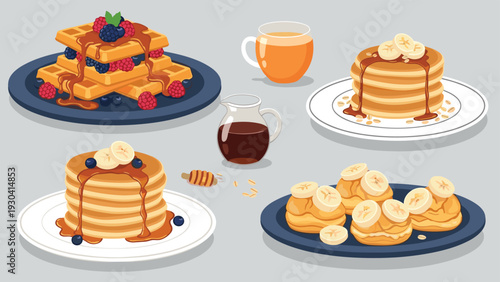 Delicious breakfast scene features stacks of pancakes and waffles served with fresh fruit and sweet maple syrup.