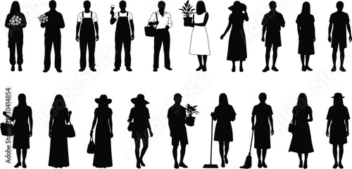 People silhouettes collection with various occupations and daily activities isolated on white background, men and women holding flowers, plants, tools and accessories
