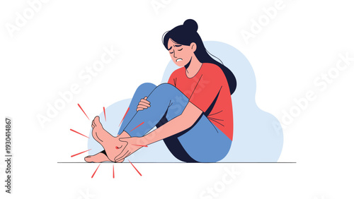 Woman sitting on the ground holding her injured ankle in pain, expressing discomfort and distress after a physical injury or accident.
