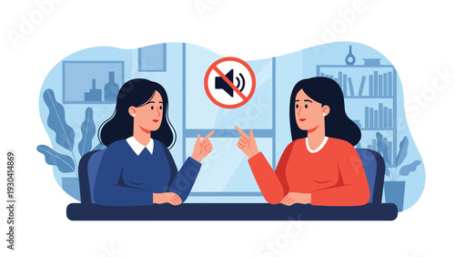 Two women are communicating with each other using sign language in a quiet room with a mute symbol in the background.