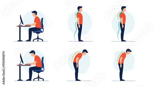 Comparison of correct and incorrect sitting and standing postures for spine health, highlighting ergonomic and poor body alignment.