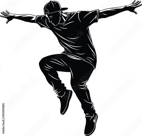Silhouette dancer jumping, breakdance move, street dance energy, hip hop culture, urban expression, athletic motion, freestyle performance, dynamic posture, youth creativity