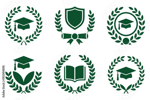 Set of green graduation laurel wreath icons with academic cap diploma shield and book symbols for educational awards and school ceremony