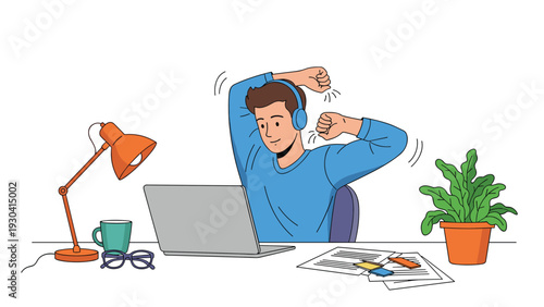 Young man wearing headphones and stretching his arms while working on a laptop at a desk with a lamp, coffee mug, and a potted plant.