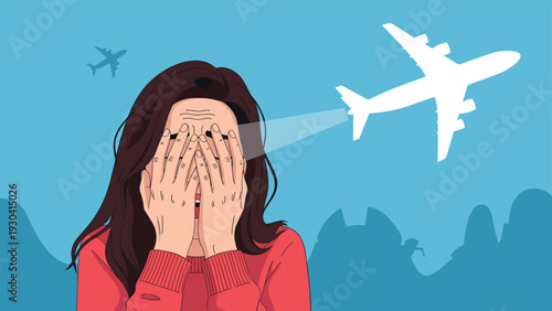 Distraught woman covering her face with her hands while an airplane silhouette represents travel anxiety or a missed flight opportunity.